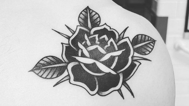 american traditional rose tattoo black and grey