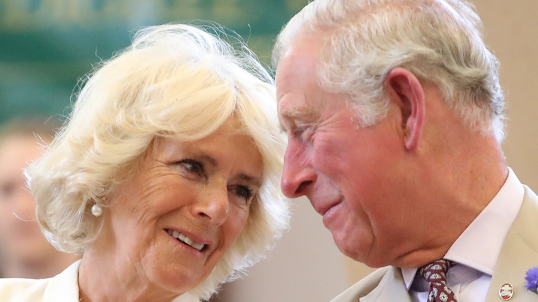 King Charles and queen consort Camilla look at one another