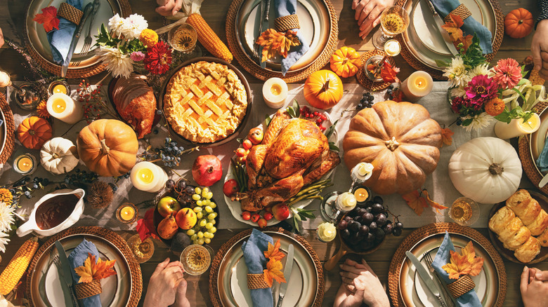 A Thanksgiving feast spread across a table