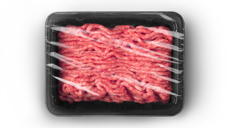 Prepackaged ground beef on an isolated white background 