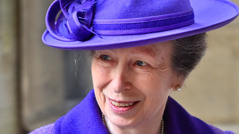 Princess Anne smiling in voluminous purple hat