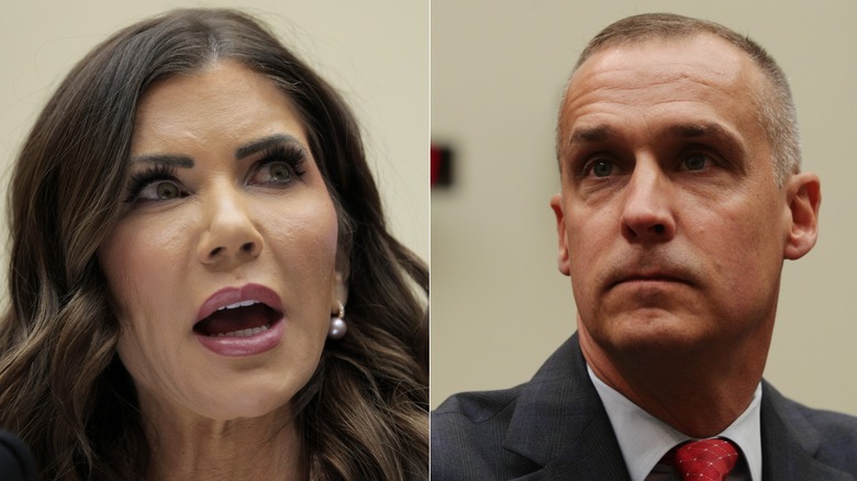 Split image of Kristi Noem on the left and Corey Lewandowski on the right