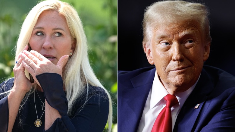Marjorie Taylor Greene speaking on the phone pictured next to a smirking President Trump