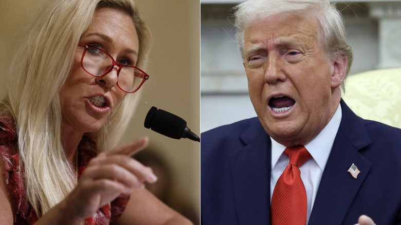 A shouting Marjorie Taylor Greene and President Trump pictured next to each other
