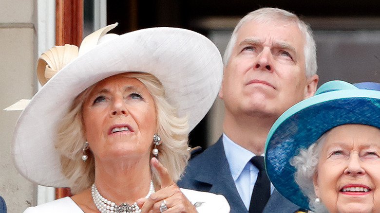 Queen Camilla, Queen Elizabeth, and Andrew Mountbatten-Windsor at Trooping the Colour