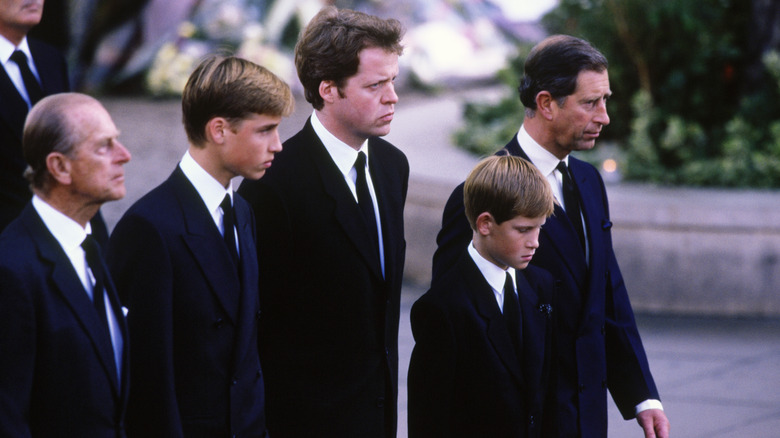 King Charles III walking in the procession for Princess Diana in 1997 alongside Prince Philip, Prince William, Prince Harry, Charles Spencer