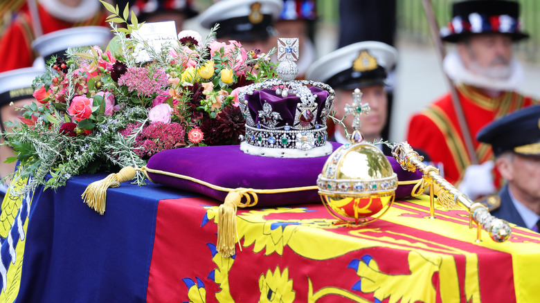 Queen ELizabeth II's coffin with crown and orb on top