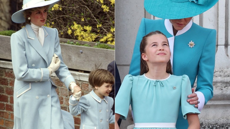 Princess Diana walking with Princess William vs Princess Charlotte looking up at Princess Diana