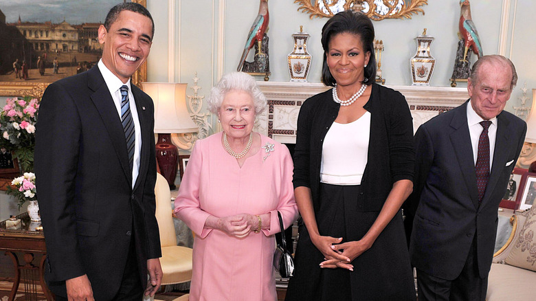 Former President Barack Obama and former first lady Michelle Obama meeting Queen Elizabeth II and Prince Philip, Duke of Edinburgh