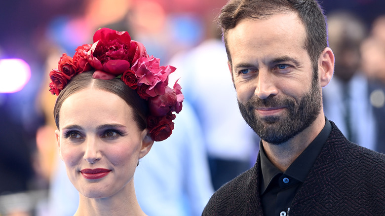 Natalie Portman wearing a rose crown next to Benjamin Millepied