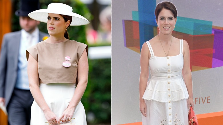 Split image of Princess Eugenie looking to the side at the 2025 Royal Ascot & Eugenie smiling in a white button-down dress at a museum