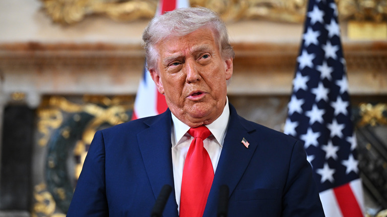 Donald Trump speaking at a conference with British Prime Minister Kier Starmer in 2025