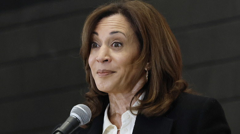 Kamala Harris making big eyes at someone while delivering a speech