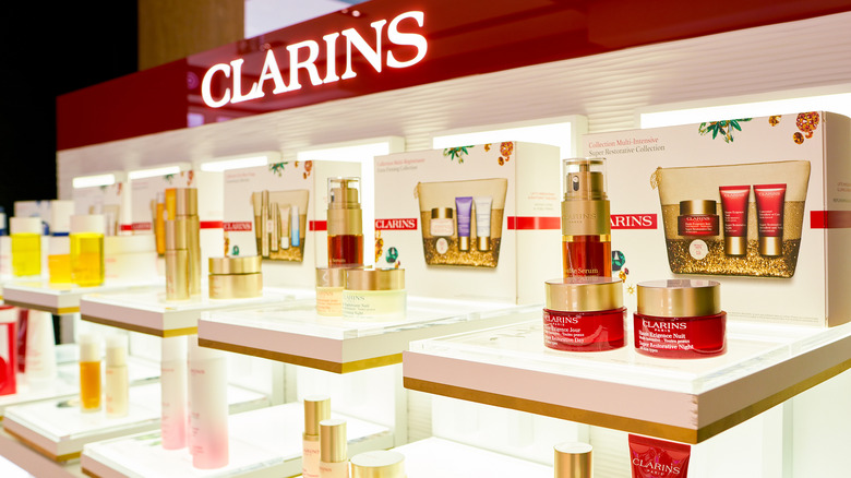 A Clarins display with multiple products