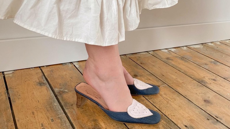 Denim kitten heels with white skirt
