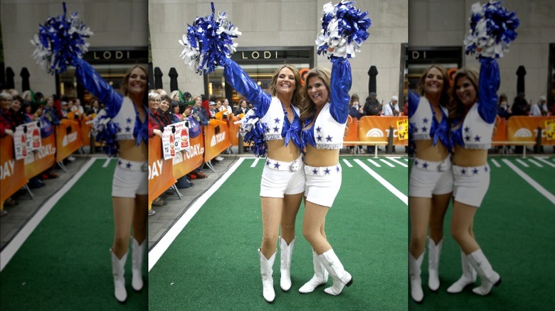 Savannah Guthrie and Jenna Bush Hager smiling and wearing Dallas Cowboys Cheerleaders uniforms for Halloween 2021