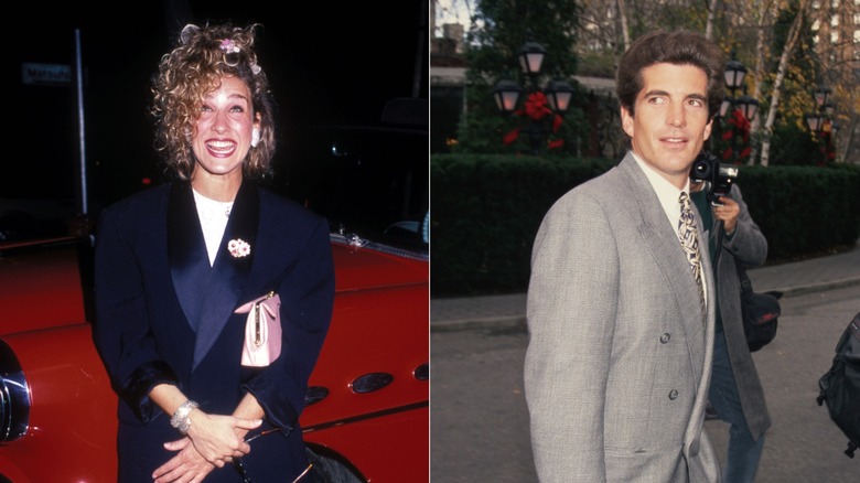 Split image of Sarah Jessica Parker smiling & John F. Kennedy Jr. walking in New York City