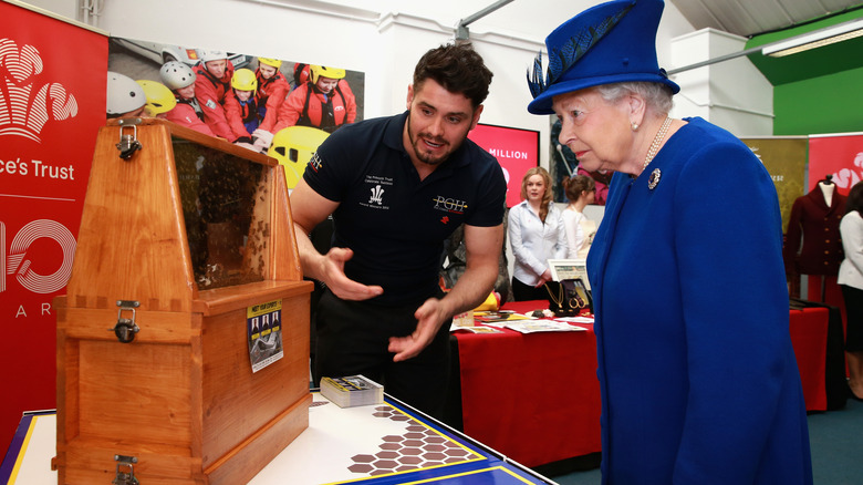 the late Queen Elizabeth II looking at a beehive