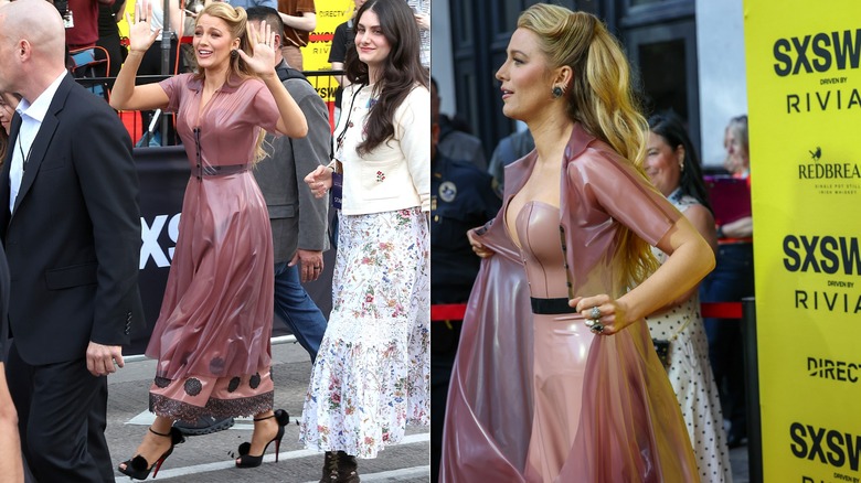 Blake Lively walking down the street in daylight between other people, wearing a rubbery dress; a second photo shows her removing the rubbery dress top layer to reveal a strapless gown underneath