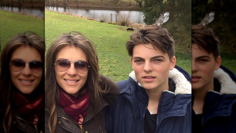Elizabeth Hurley and Damian Hurley taking a selfie outdoors.