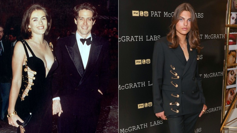 Split image of Elizabeth Hurley wearing her safety-pin dress with Hugh Grant, Damian Hurley wearing a safety-pin suit.