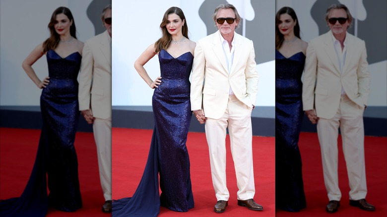 Rachel Weisz in a blue sequin dress on the red carpet with Daniel Craig in Venice