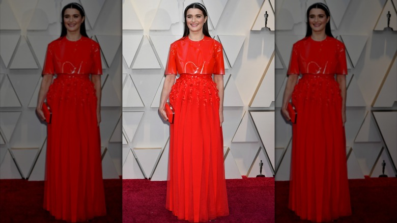 Rachel Weisz in a bright red dress at the Academy Awards