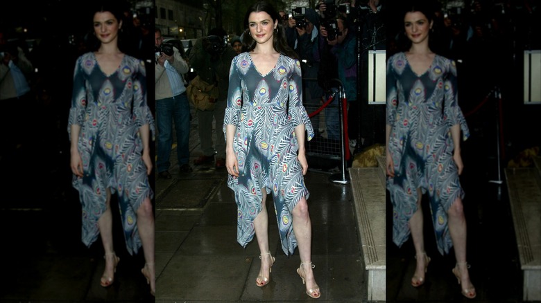 Rachel Weisz in London wearing a peacock feather dress at an event