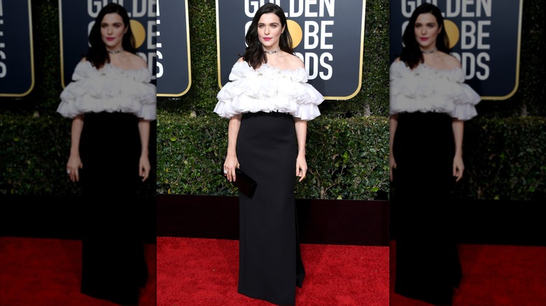 Rachel Weisz at the Golden Globes in a black and white ruffle dress