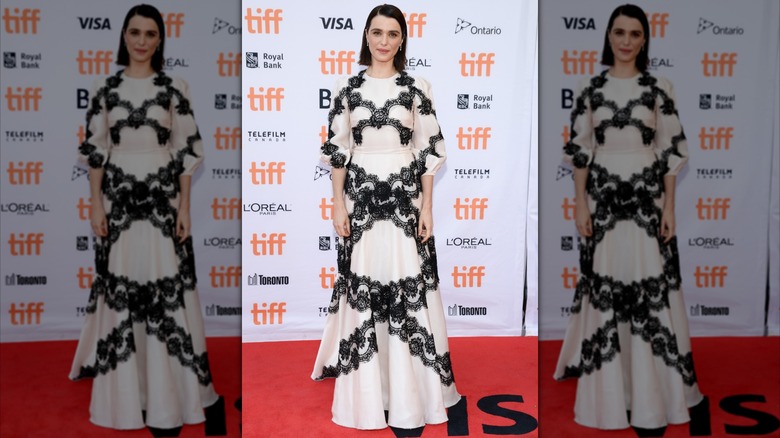 Rachel Weisz in a black and white dress on the red carpet in Canada