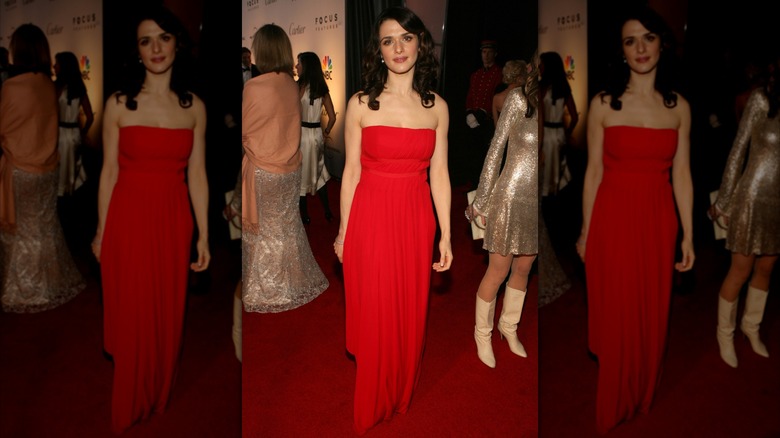Rachel Weisz wearing a strapless red dress at an event
