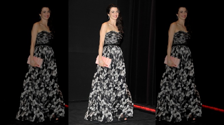 Rachel Weisz in a gray polka dot gown in Toronto