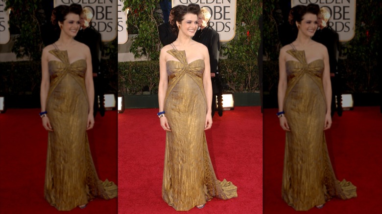 Rachel Weisz in a gold gown at the Golden Globes