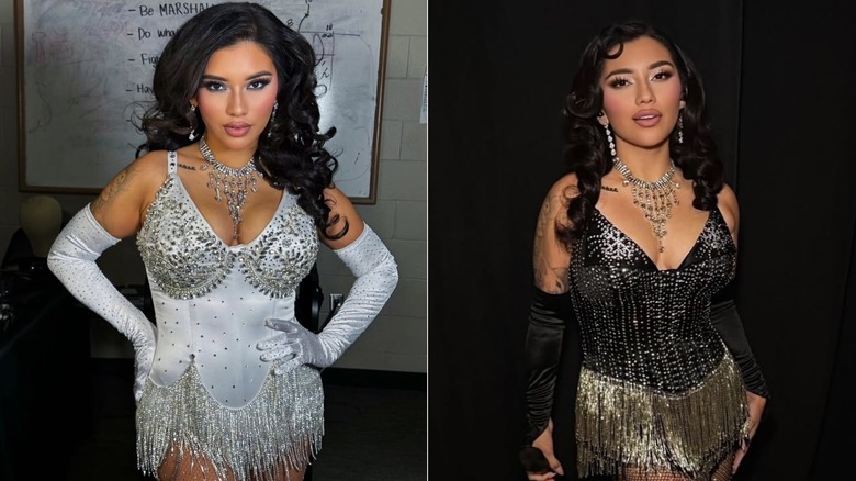 Split image of Kirstin Maldonado with curly hair wearing a white tour outfit and black tour outfit