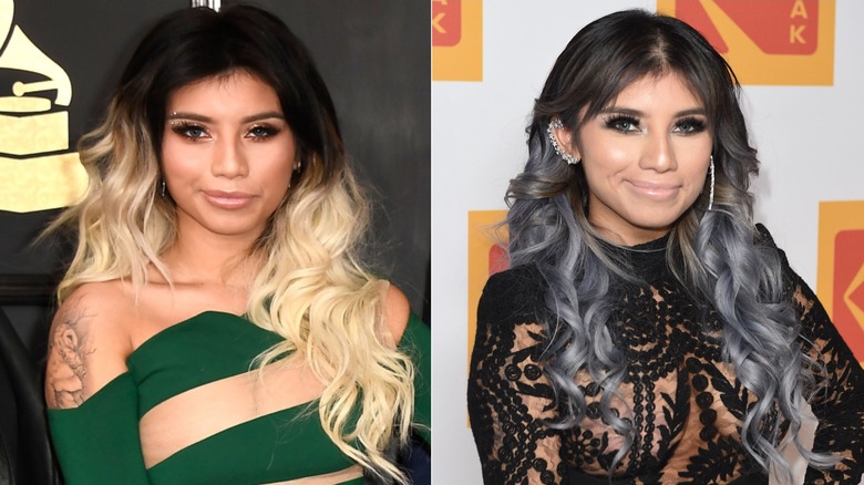 Split image of  Kirstin Maldonado with brunette and blond ombre hair and brunette and blue ombre hair