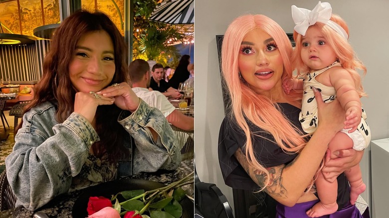 Split image of Kirstin Maldonado seated at a table with wavy brunette hair and wearing matching pink wigs with her daughter