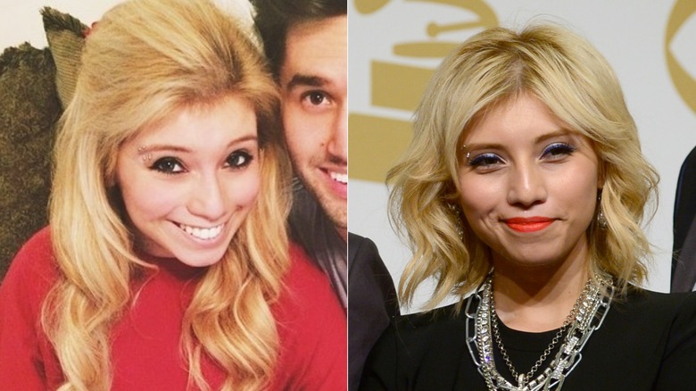 Split image of Kirstin Maldonado with a blond bouffant and bob