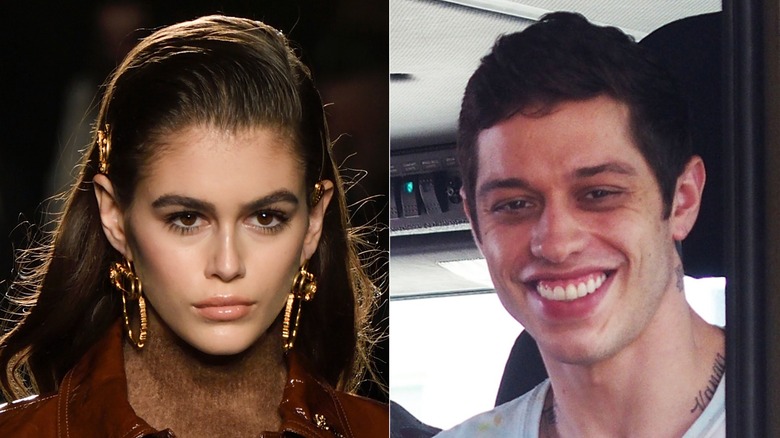 A split image of Kaia Gerber on a runway and Pete Davidson the year they dated.