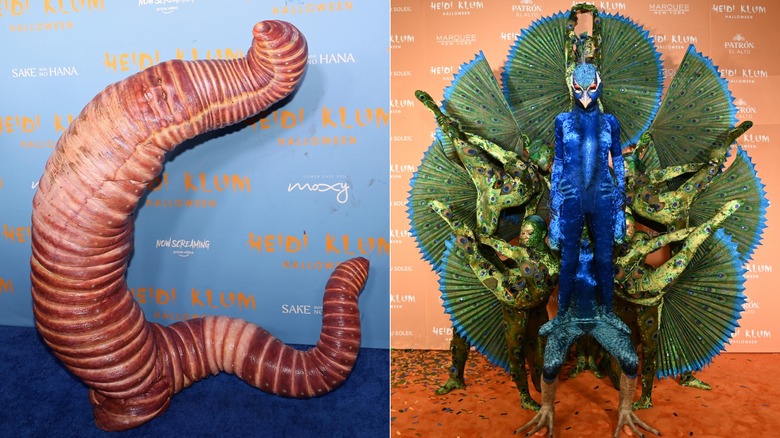 Side by side image of Heidi Klum in both a worm and peacock costume at her Halloween celebrations in 2022 and 2023