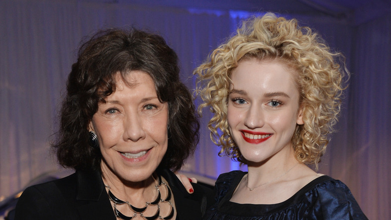 Lily Tomlin and Julia Garner posing together at the premiere of Grandma