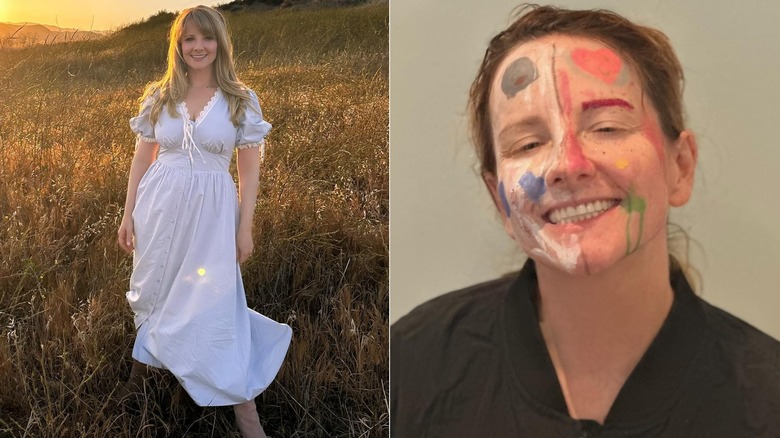 Split image of Melissa Rauch posing in a field in a long dress and smiling with her children's face paint artwork all over her face