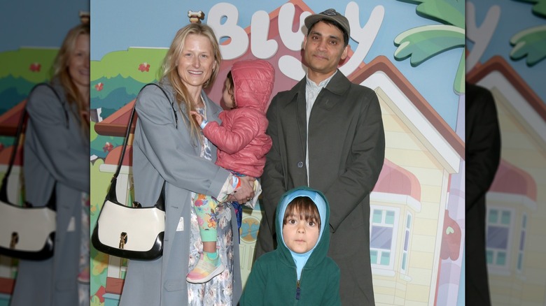 Mamie Gummer posing with her children and Mehar Sethi