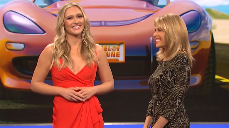 Maggie Sajak and Vanna White smiling on "Wheel of Fortune"