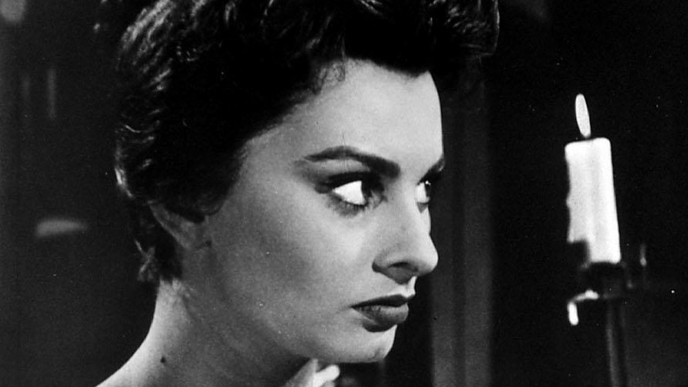 Sophia Loren in an archival movie photo, looking to the side