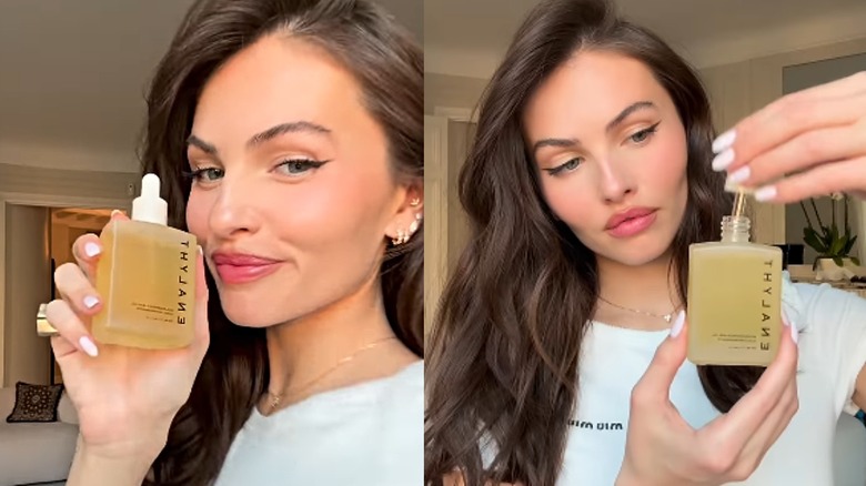 Split of Thylane Blondeau proudly holding her Enalyht hair serum for her Instagram followers in 2025