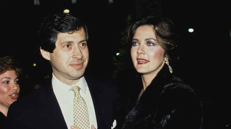 Lynda Carter and Robert A. Altman smiling at Chasen's Restaurant in 1983