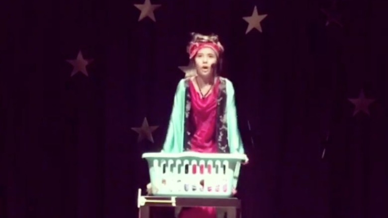 Xochitl Gomez performing Ms Hannigan from the musical "Annie " in her school's talent show