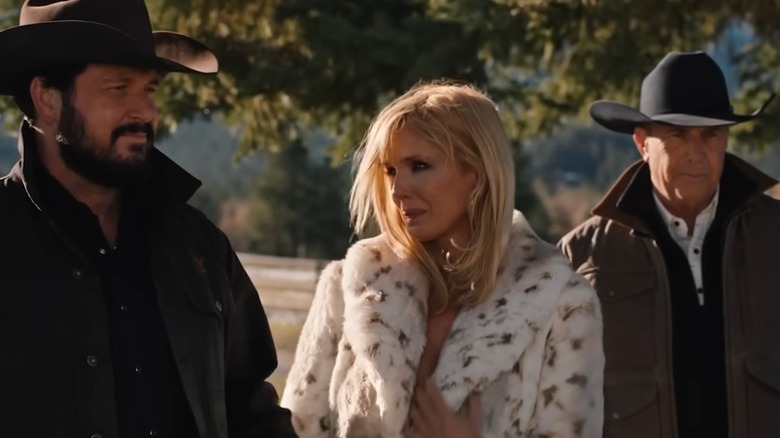 Cole Hauser, Kelly Reilly, and Kevin Costner in "Yellowstone" scene