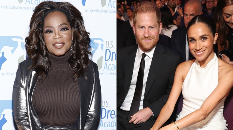 Oprah Winfrey (left), Prince Harry and Meghan, the Duke and Duchess of Sussex (right).