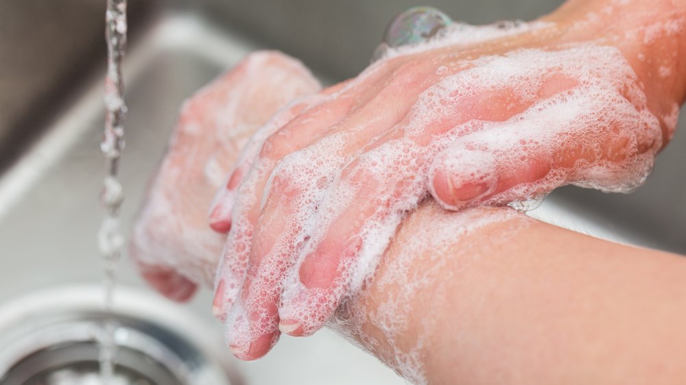 person washing their hands with soap and water